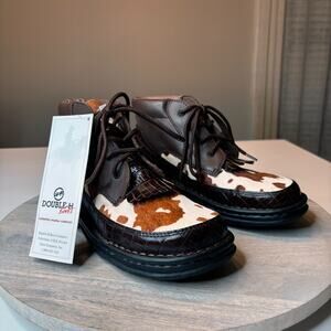 Double H Cowhide Ankle Boots Brown Leather Fringe Cow Print Women Size 7 Western